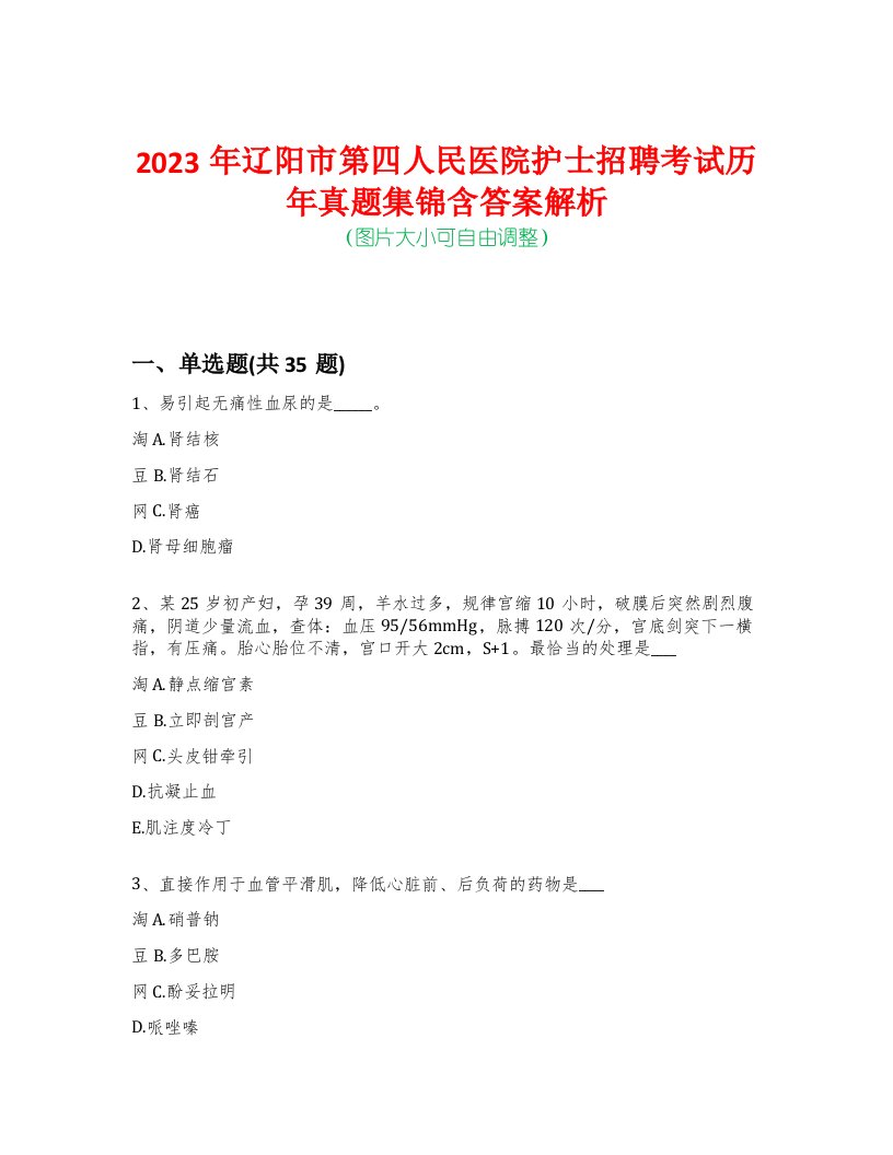 2023年辽阳市第四人民医院护士招聘考试历年真题集锦含答案解析-0