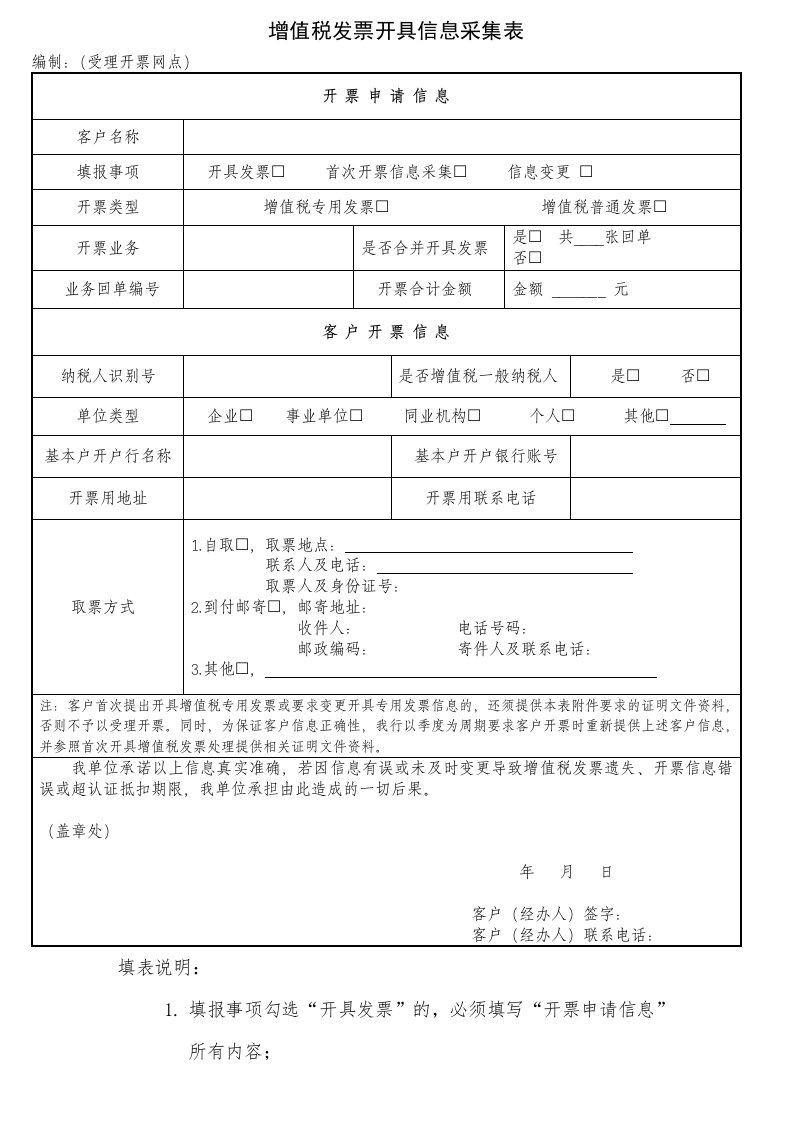 增值税发票开具信息采集表编制受理开票网点