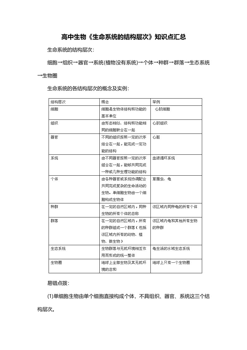 高中生物生命系统的结构层次知识点汇总_0