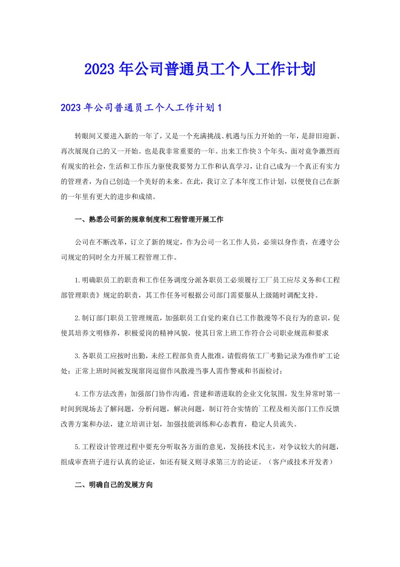 公司普通员工个人工作计划