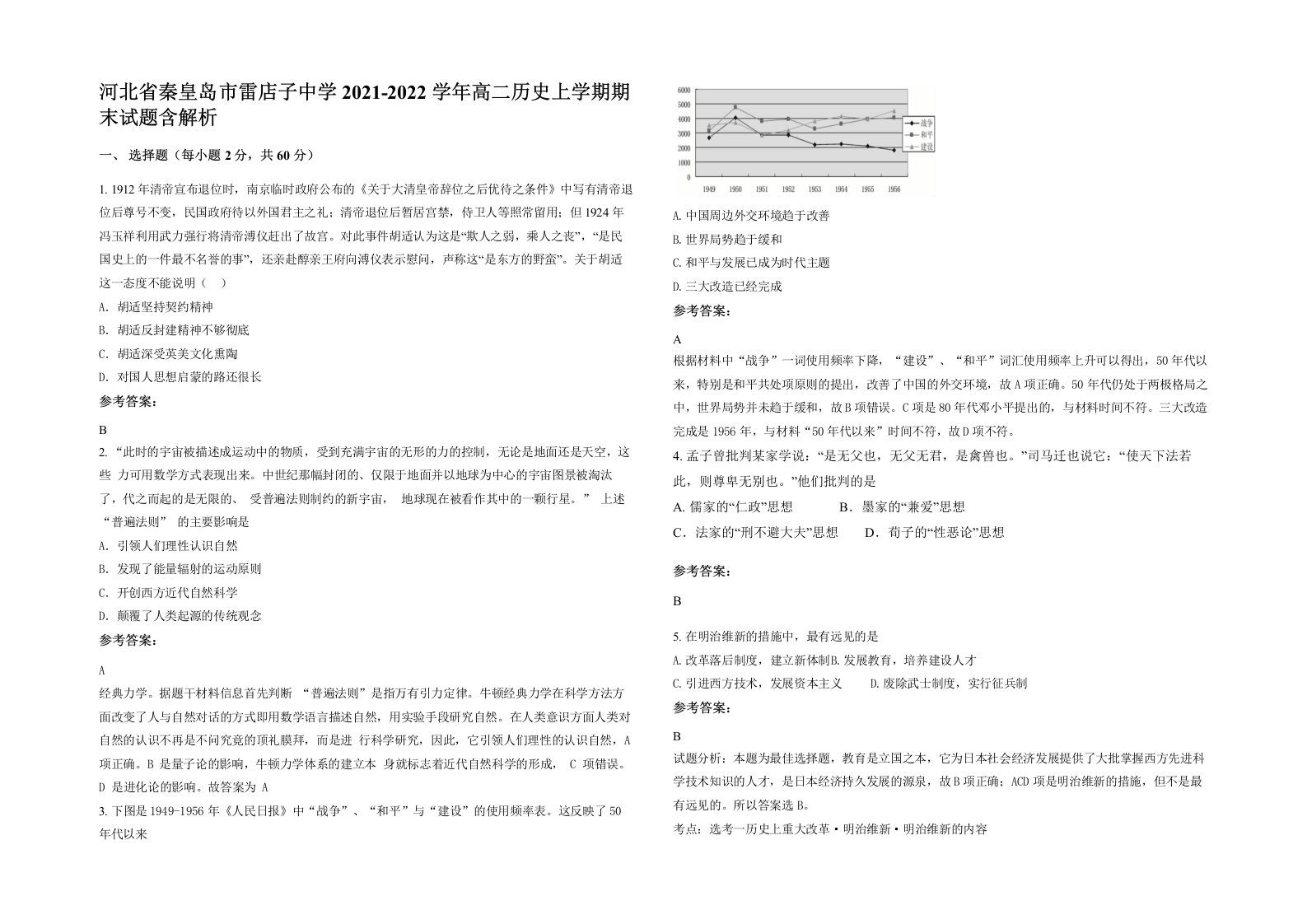 河北省秦皇岛市雷店子中学2021-2022学年高二历史上学期期末试题含解析