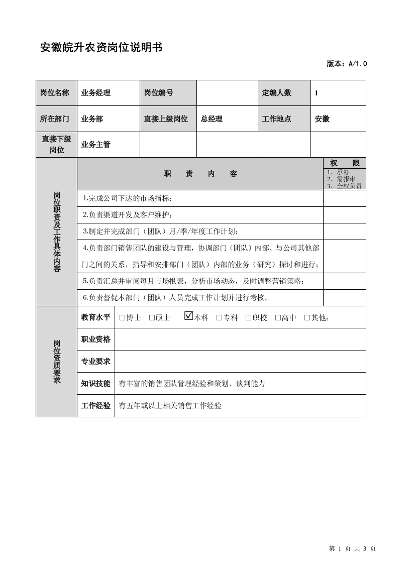 安徽皖升农资销售人员岗位职责说明书(表1)