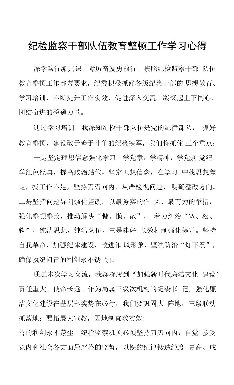 纪检监察干部队伍教育整顿工作学习心得精选(五篇)样例