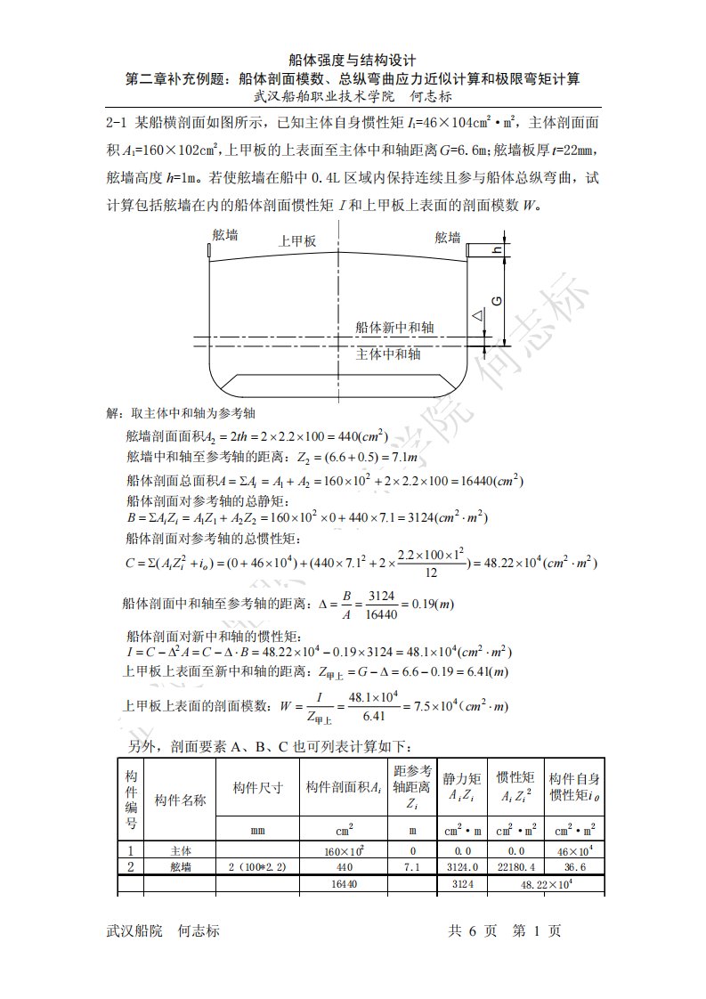 第二章补充例题：船体剖面模数、总纵弯曲应力的近似计算和极限弯矩计算——船体强度与结构设计