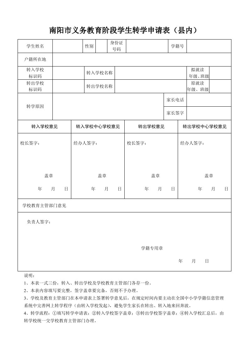 附件1-南阳市义务教育阶段学生转学申请表（县内）