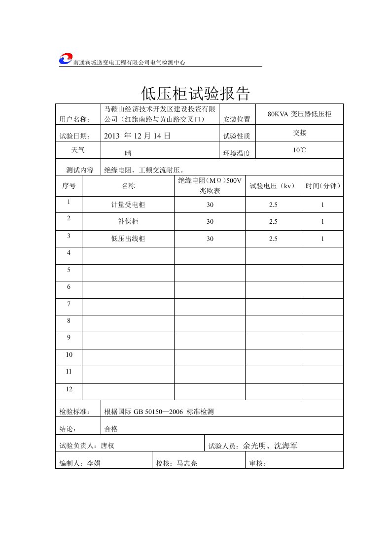 低压柜试验报告