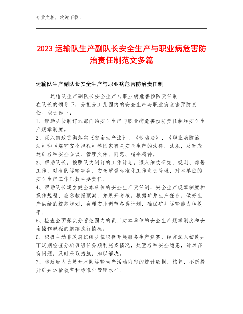 2023运输队生产副队长安全生产与职业病危害防治责任制范文多篇