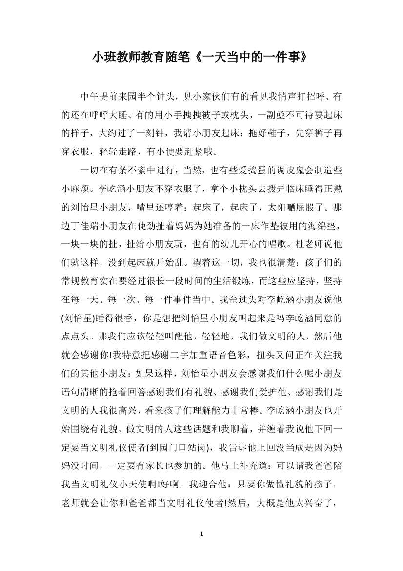 小班教师教育随笔《一天当中的一件事》