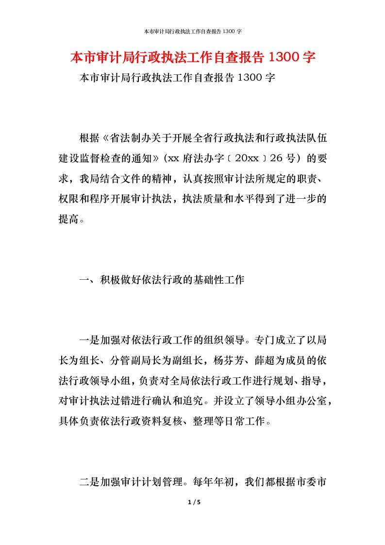 精编2021本市审计局行政执法工作自查报告1300字