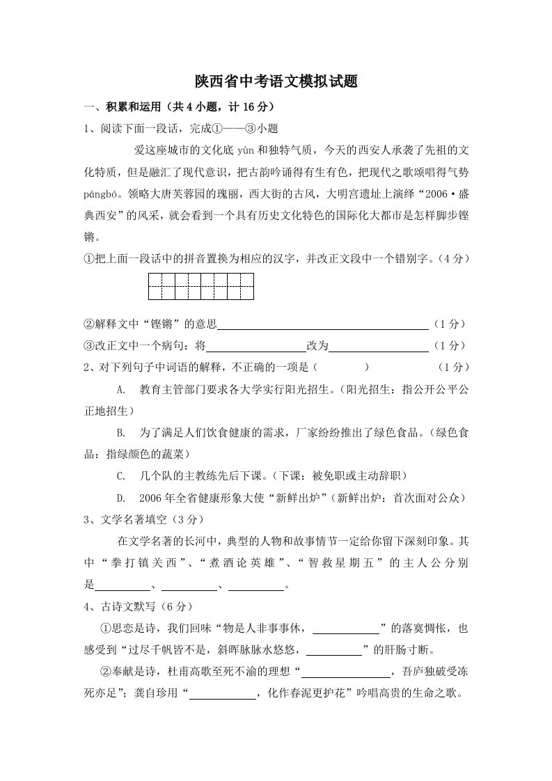 陕西省中考语文模拟试题