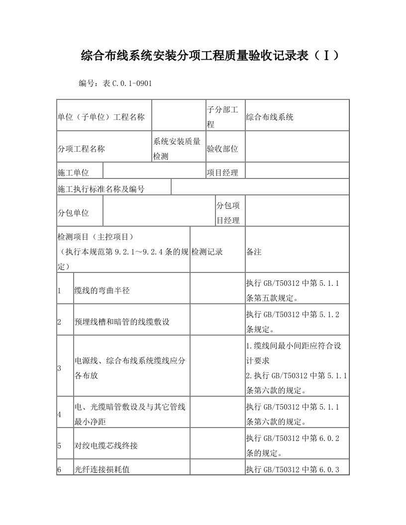 综合布线系统安装分项工程质量验收记录表