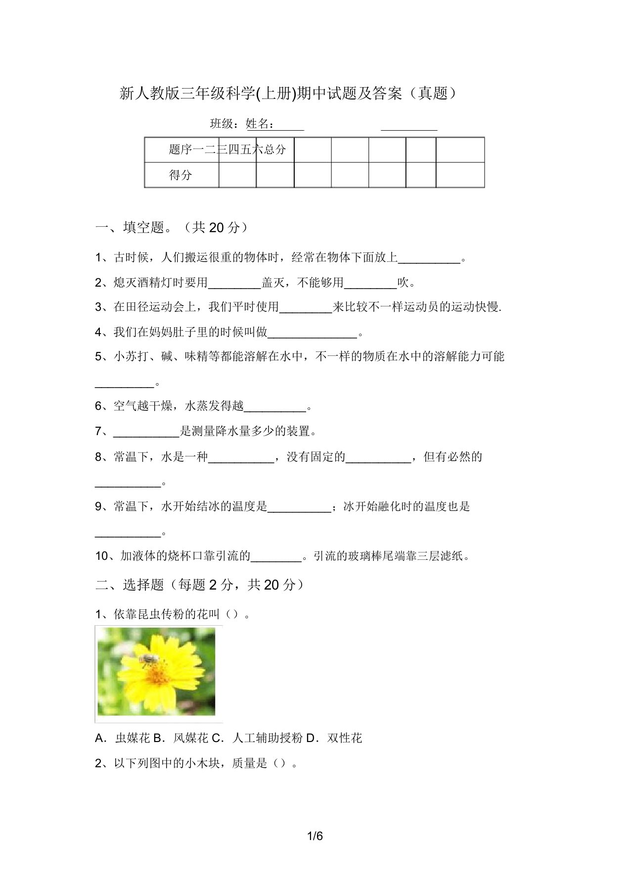 新人教版三年级科学(上册)期中试题及答案(真题)