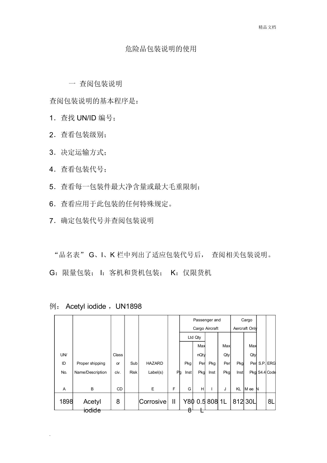 危险品包装说明的使用