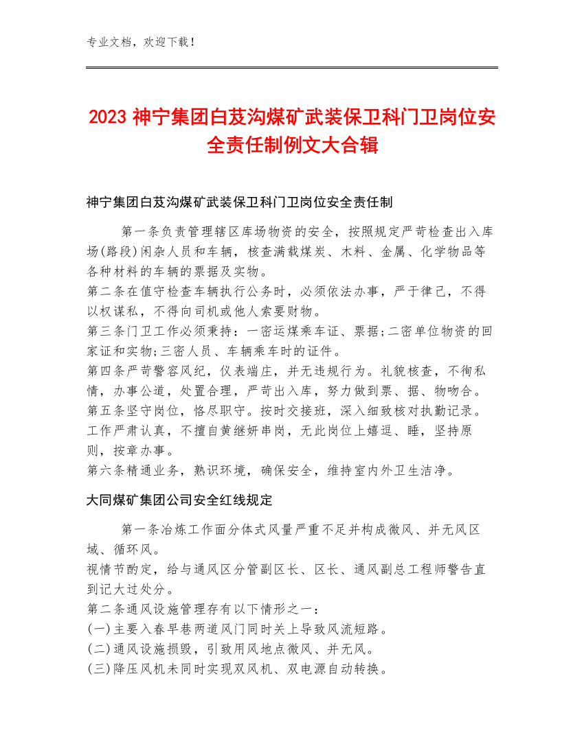 2023神宁集团白芨沟煤矿武装保卫科门卫岗位安全责任制例文大合辑