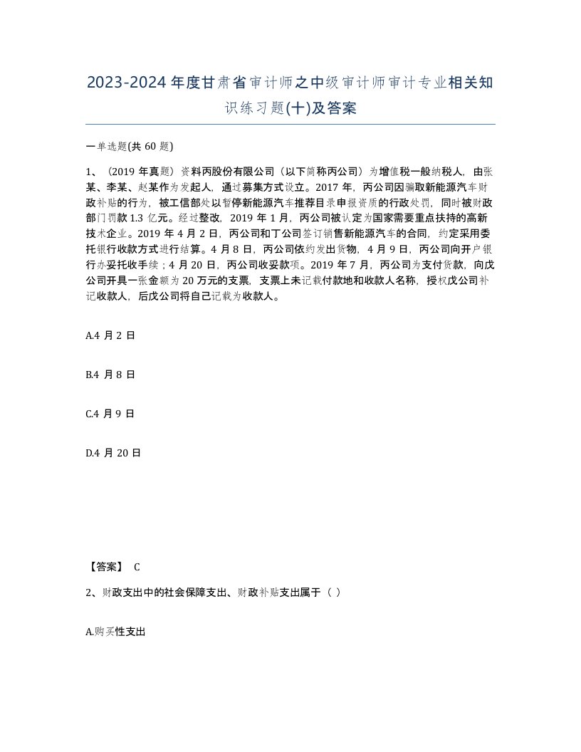 2023-2024年度甘肃省审计师之中级审计师审计专业相关知识练习题十及答案