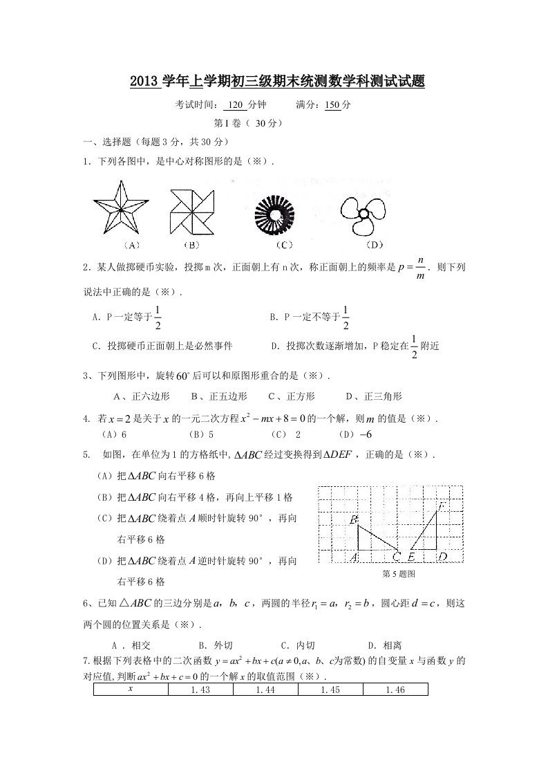 2013学年上学期初三级期末统测数学科测试试题