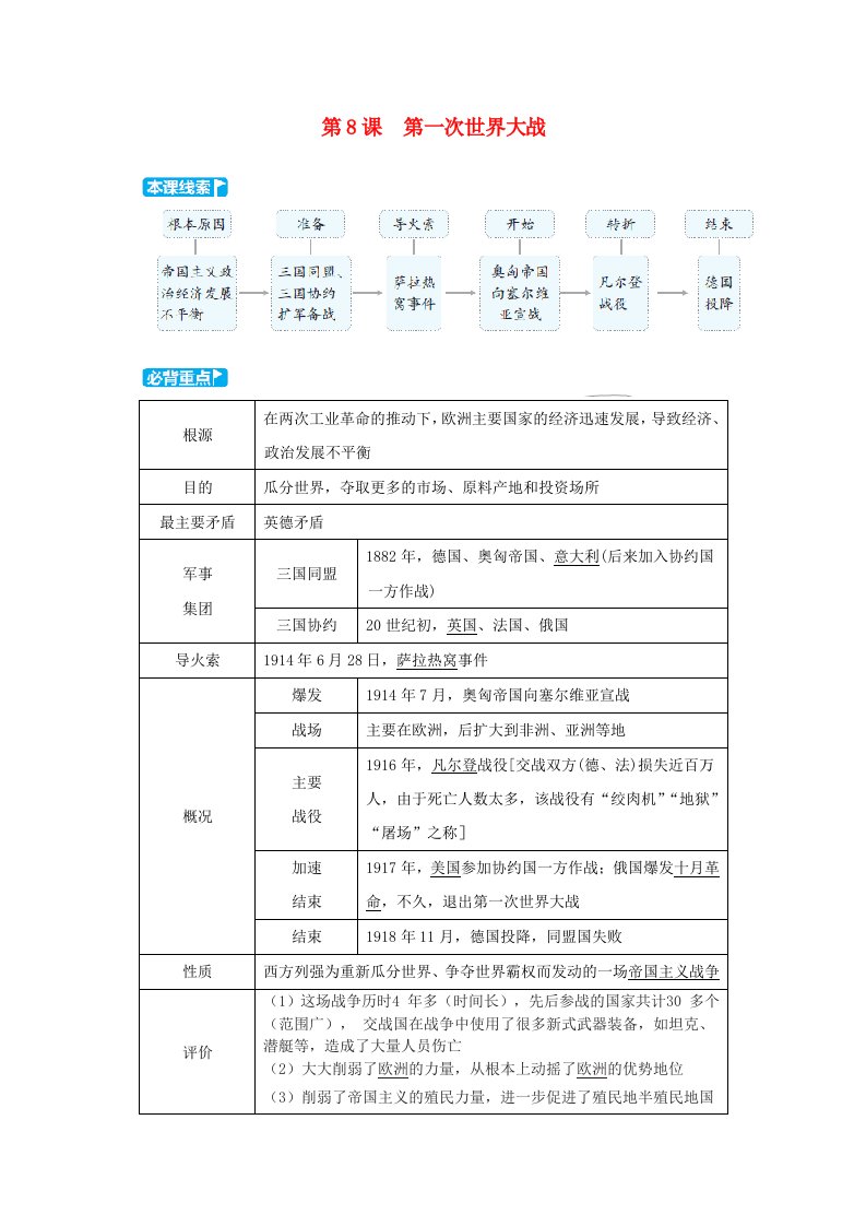 2024九年级历史下册第3单元第一次世界大战和战后初期的世界第8课第一次世界大战小册新人教版