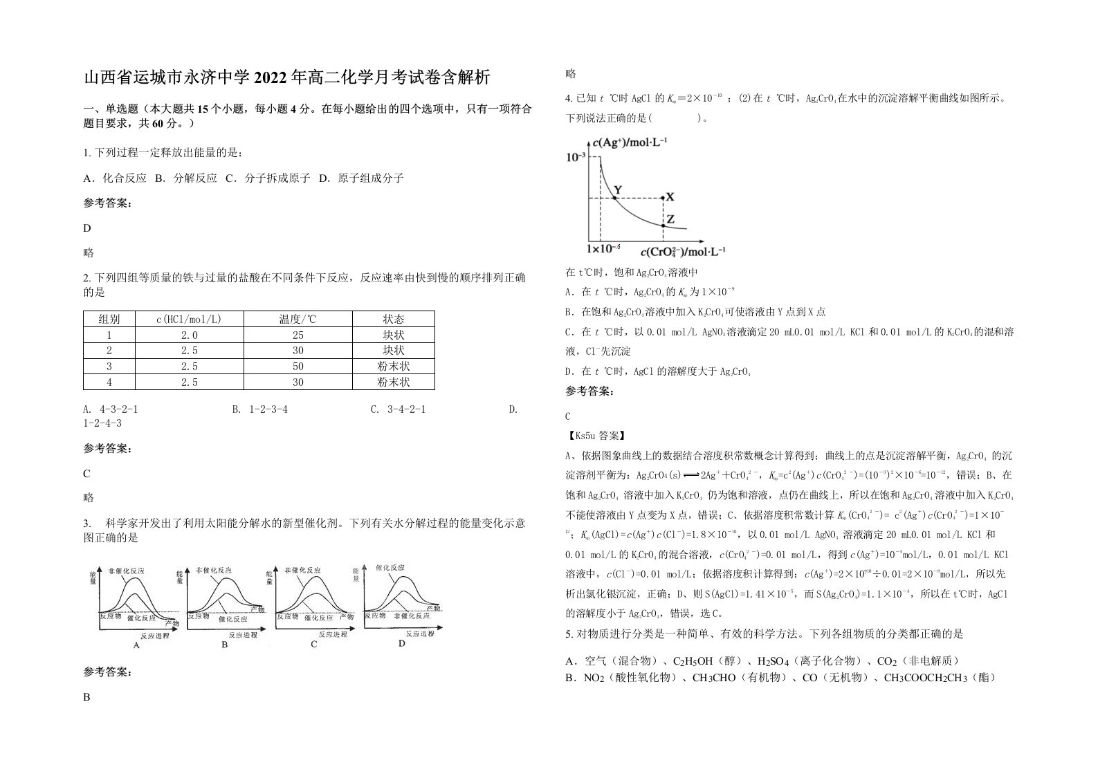 山西省运城市永济中学2022年高二化学月考试卷含解析