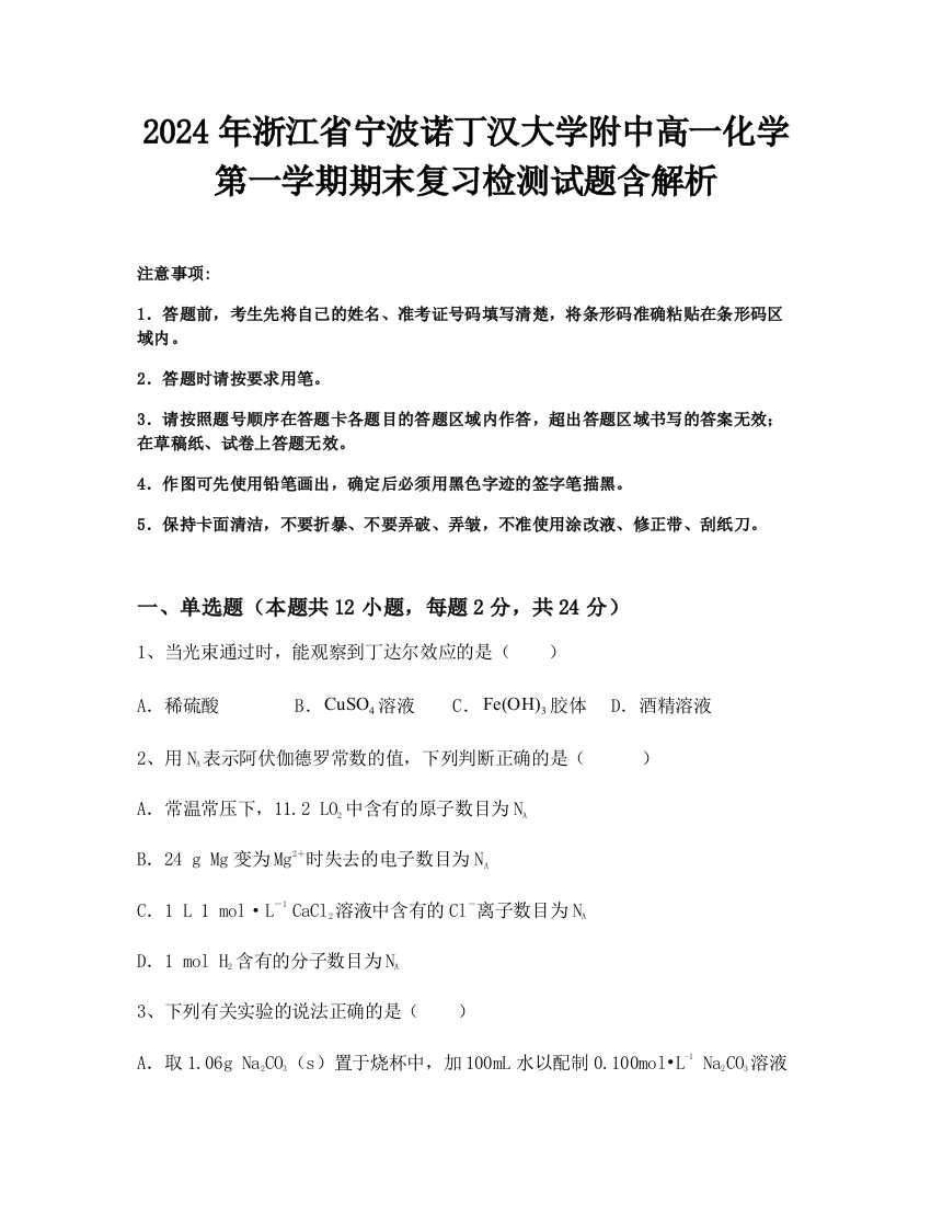 2024年浙江省宁波诺丁汉大学附中高一化学第一学期期末复习检测试题含解析