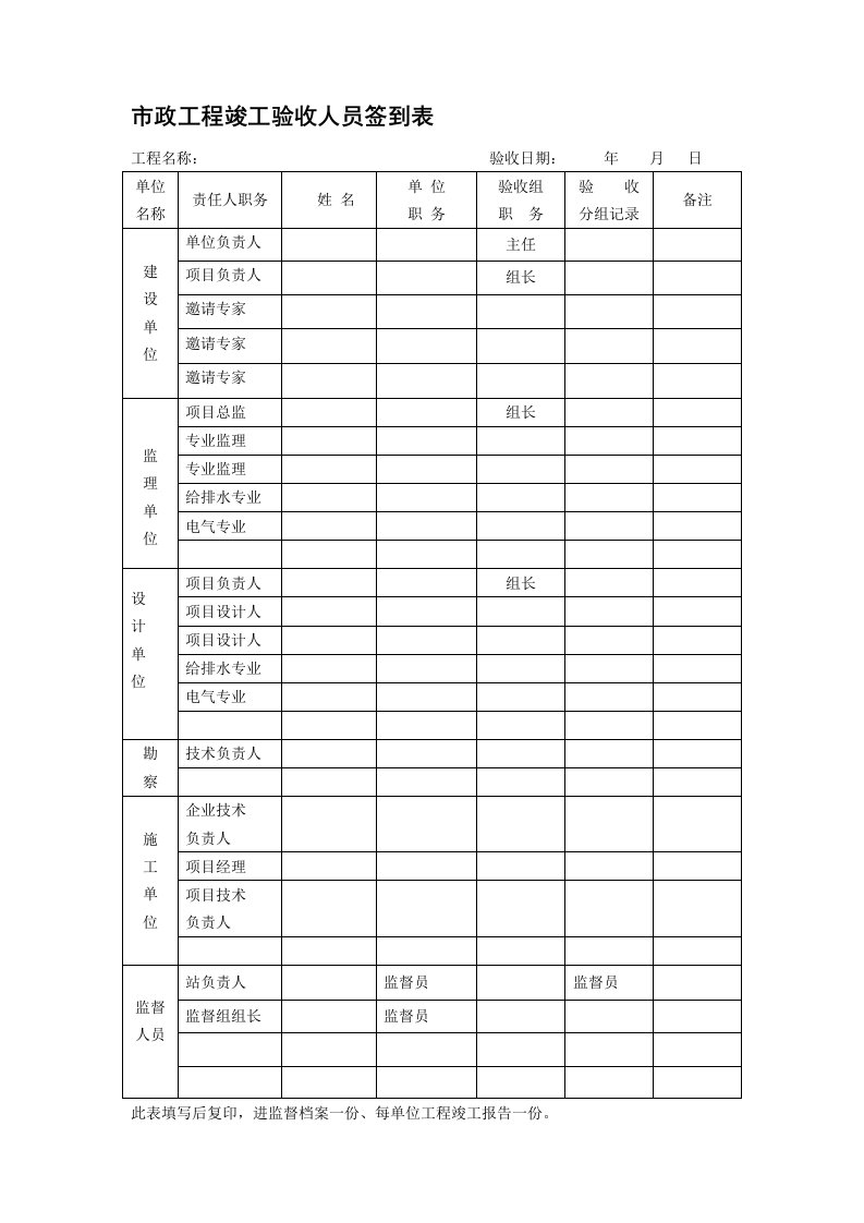 市政工程竣工验收人员签到表