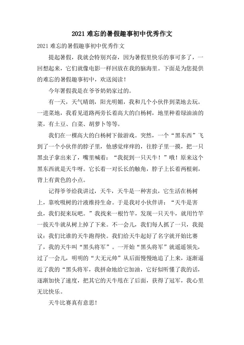 难忘的暑假趣事初中作文