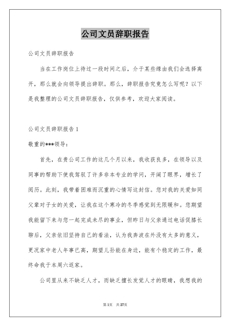 公司文员辞职报告例文0