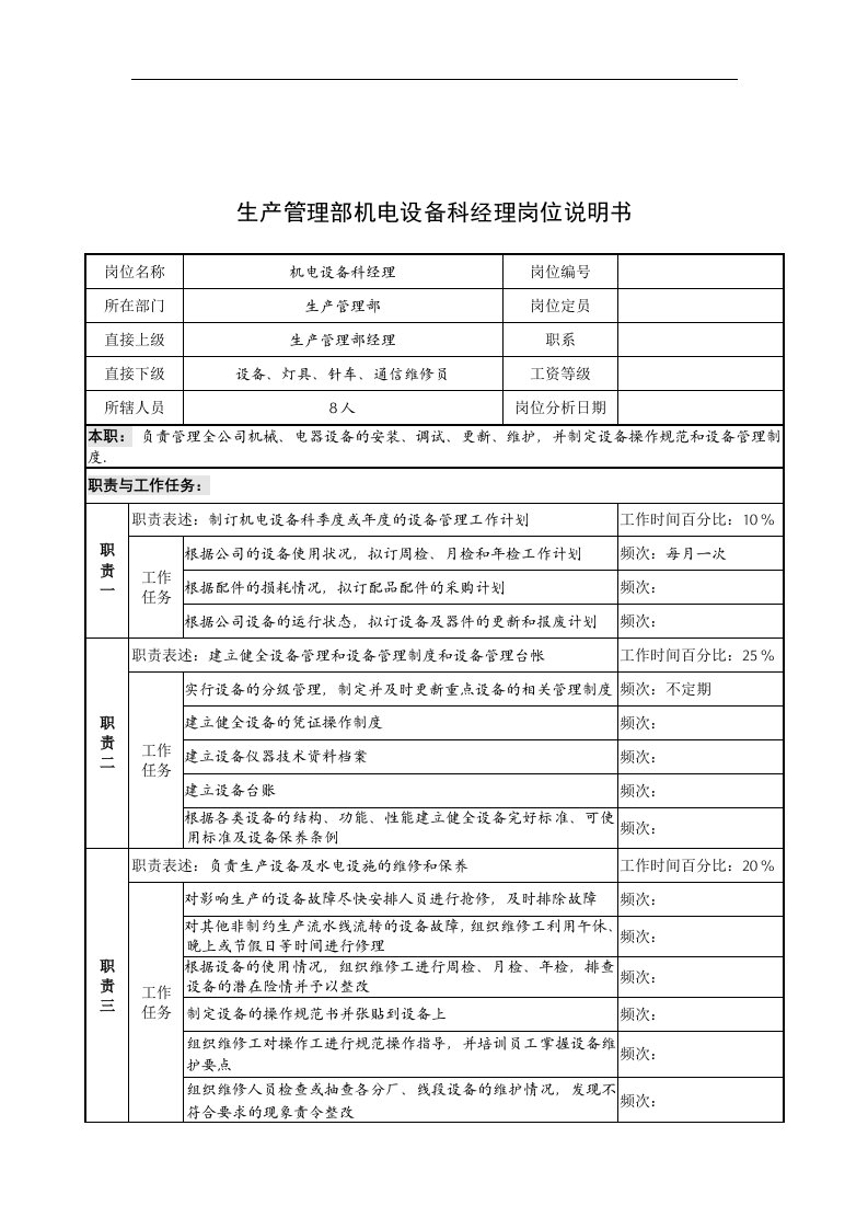 奥康集团生产管理部机电设备科经理岗位说明书