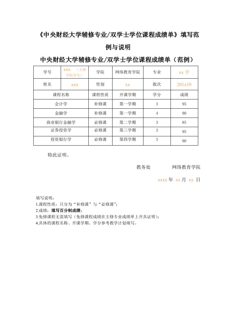 《中央财经大学辅修专业双学士学位课程成绩单》填写范例与