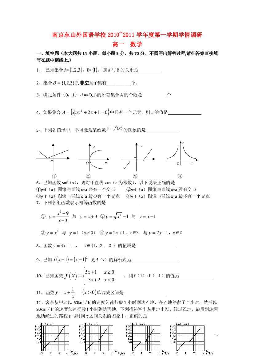 江苏省南京东山外国语学校10-11学年高一数学上学期学情调研苏教版【会员独享】