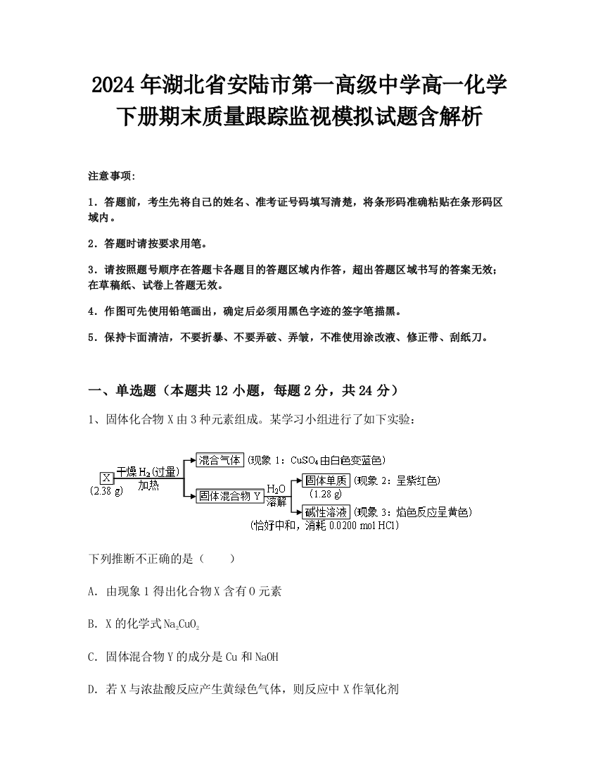 2024年湖北省安陆市第一高级中学高一化学下册期末质量跟踪监视模拟试题含解析