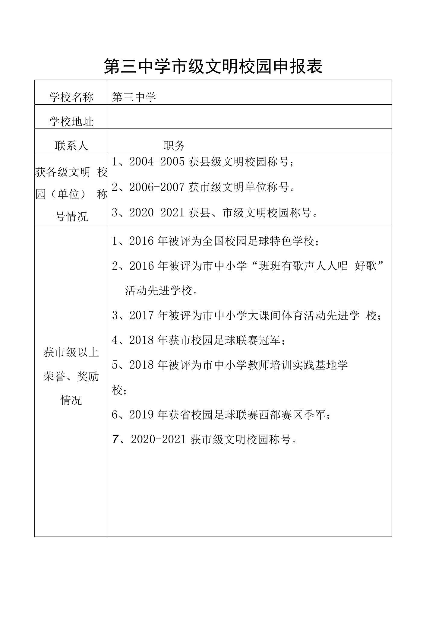 第三中学市级文明校园申报表