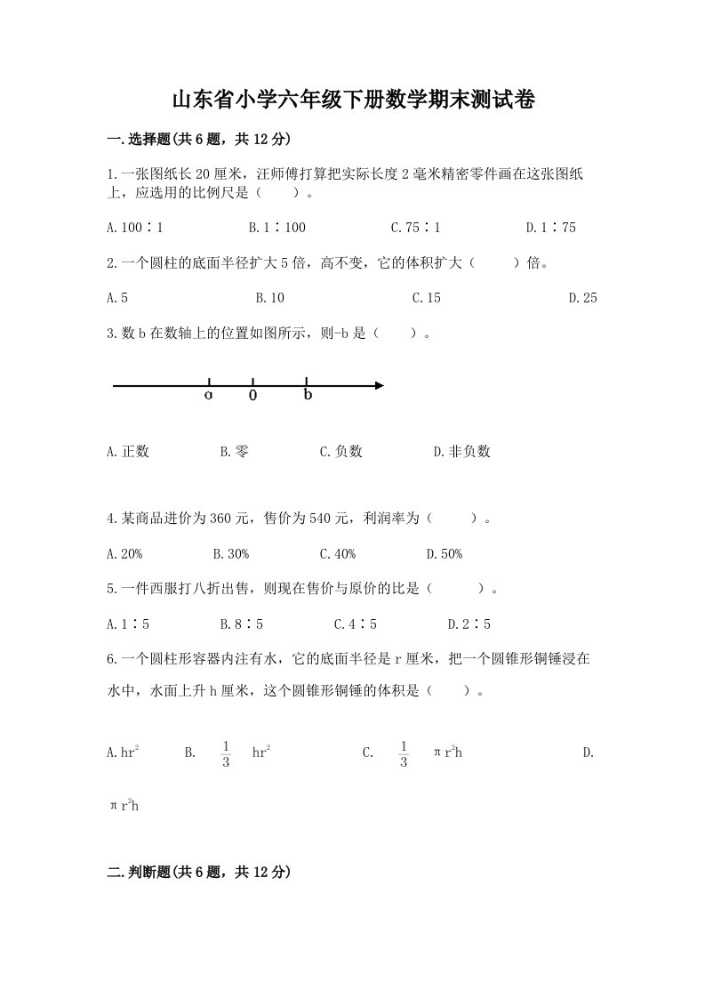 山东省小学六年级下册数学期末测试卷附参考答案（满分必刷）