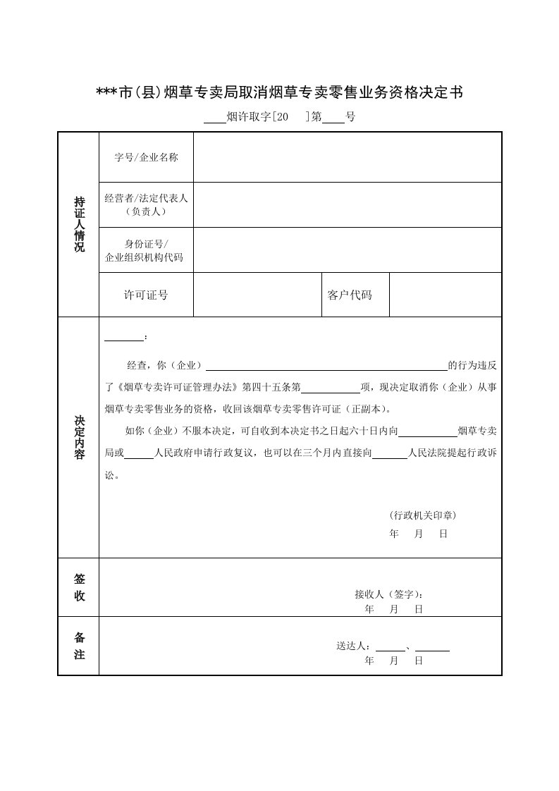 烟草专卖局取消烟草专卖零售业务资格决定书