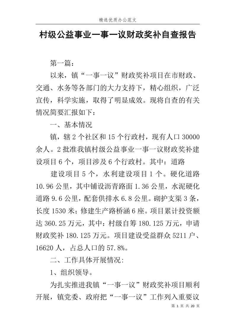 村级公益事业一事一议财政奖补自查报告范文