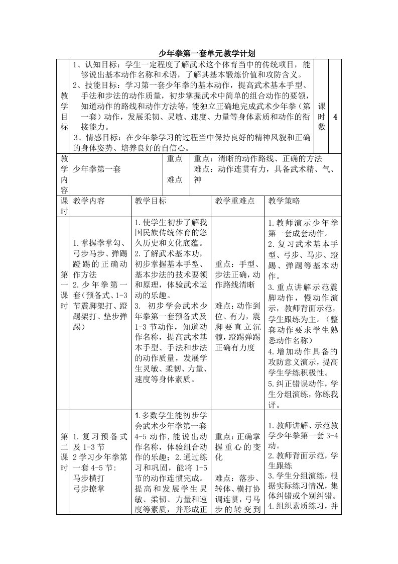 少年拳第一套单元教学计划