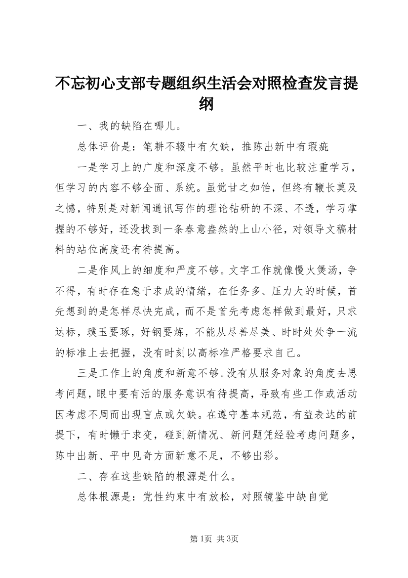 不忘初心支部专题组织生活会对照检查发言提纲