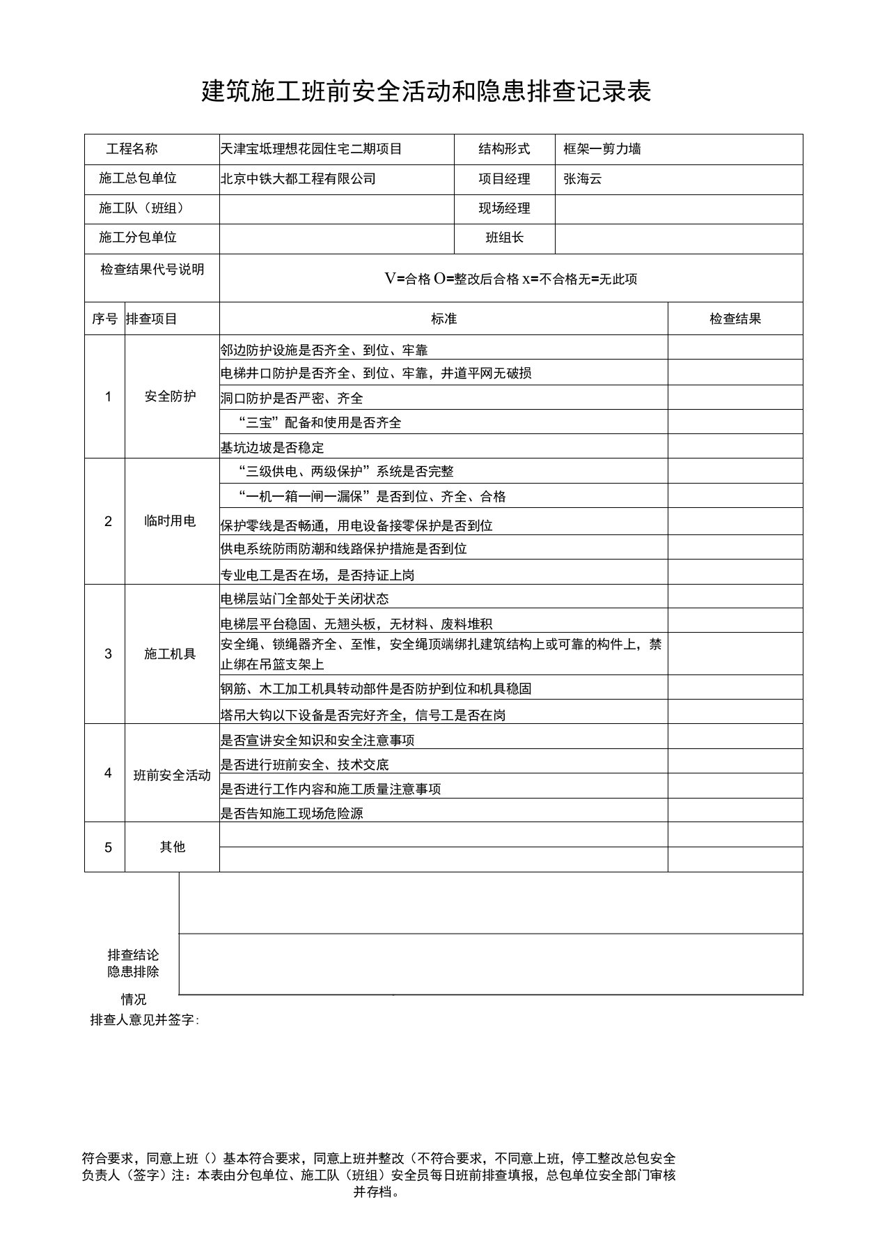 班前安全隐患排查记录表