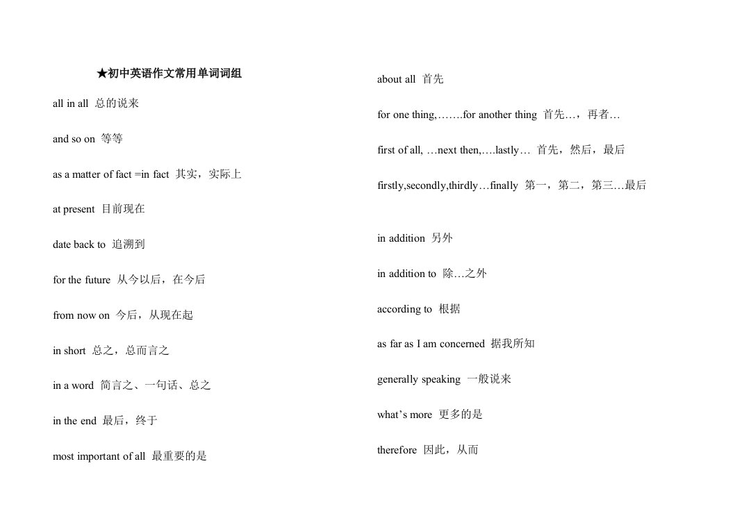 初中英语作文常用单词·词组·句型