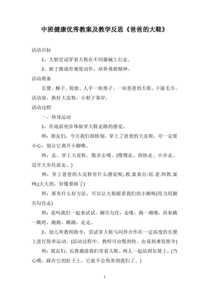 中班健康优秀教案及教学反思《爸爸的大鞋》