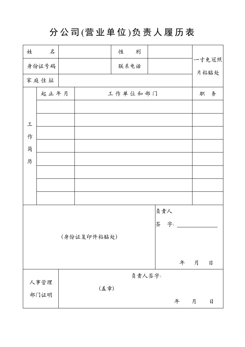 企业管理表格-分公司营业单位负责人履历表