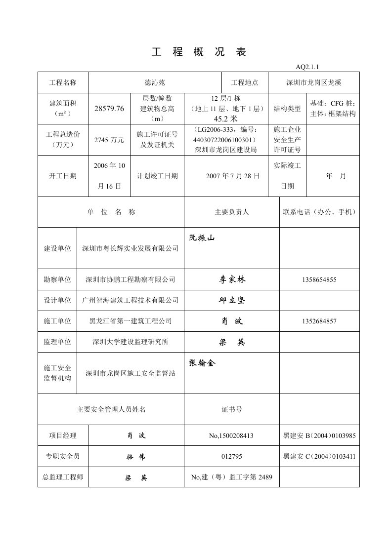 工程概况表