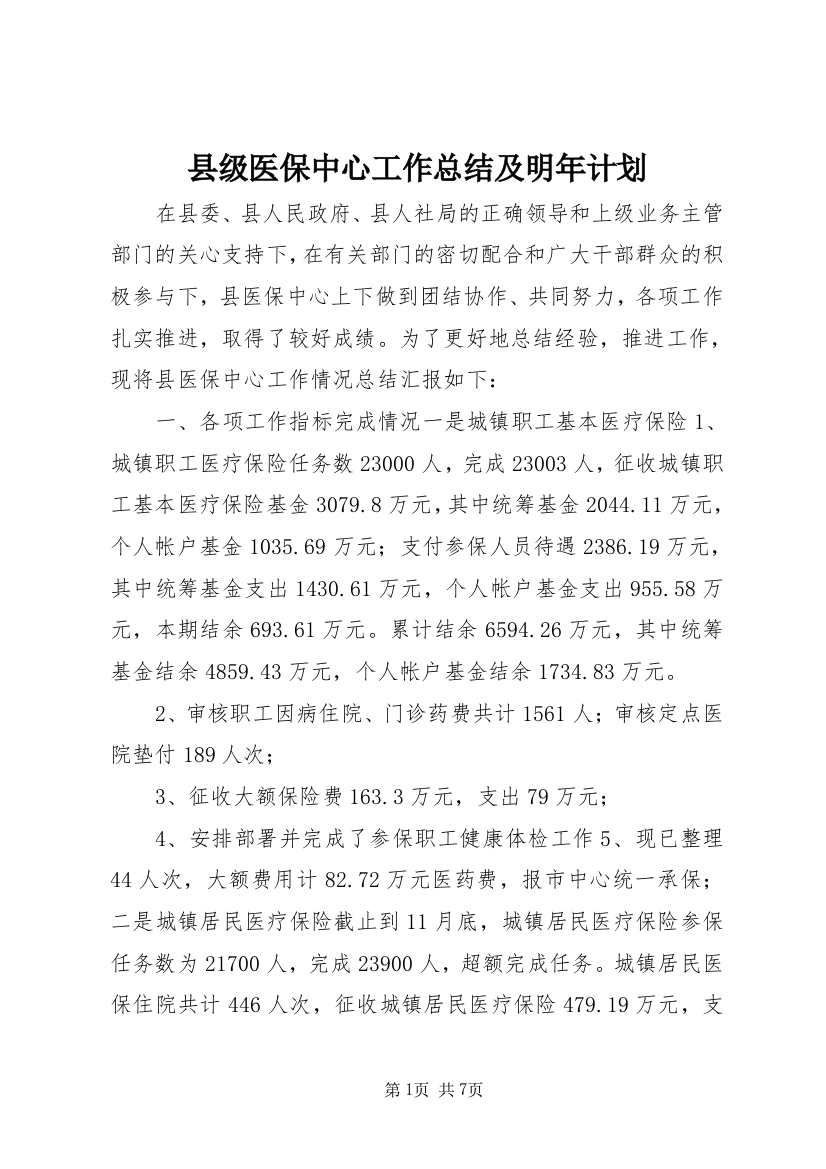 县级医保中心工作总结及明年计划