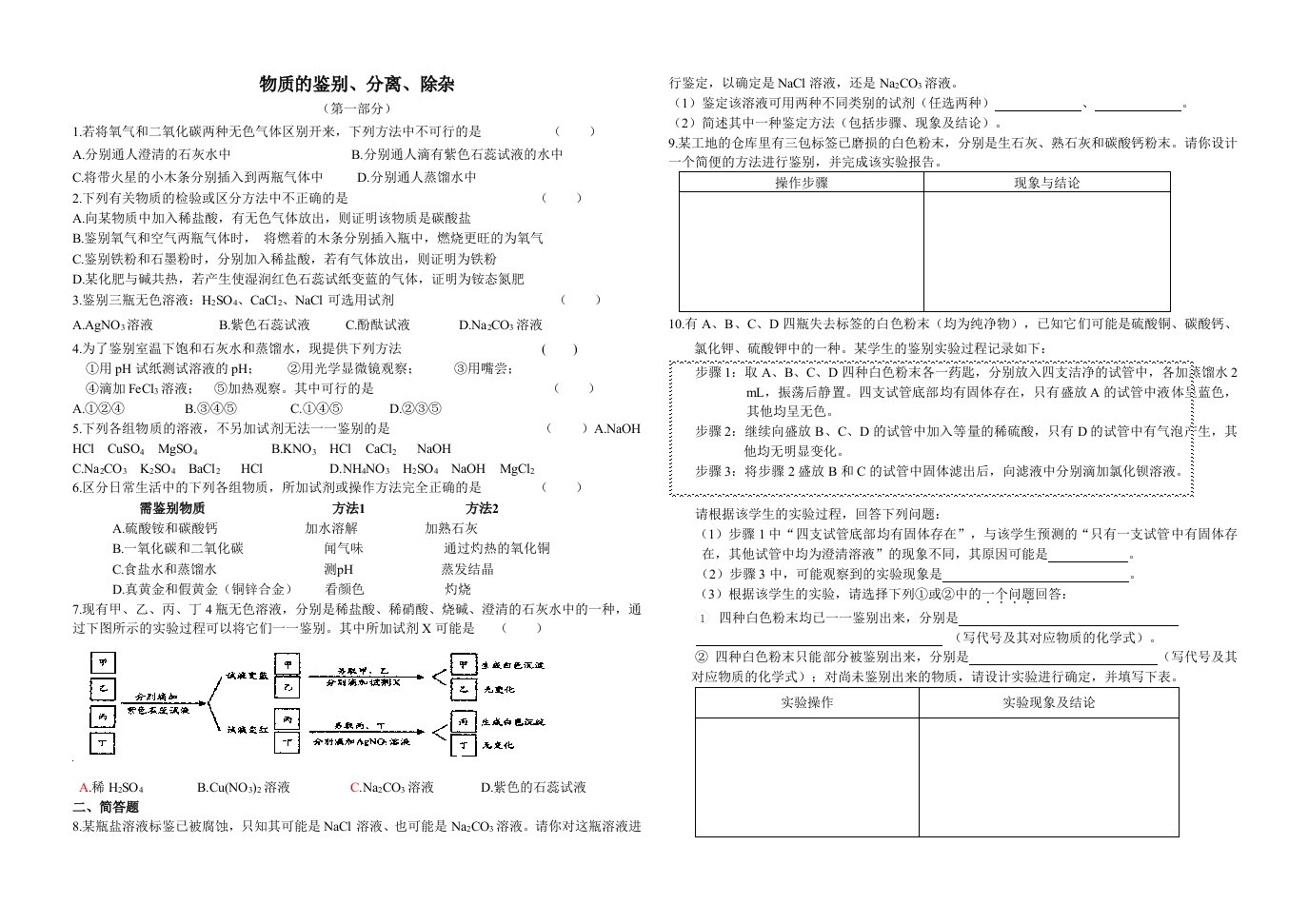 物质的鉴别、分离、除杂习题