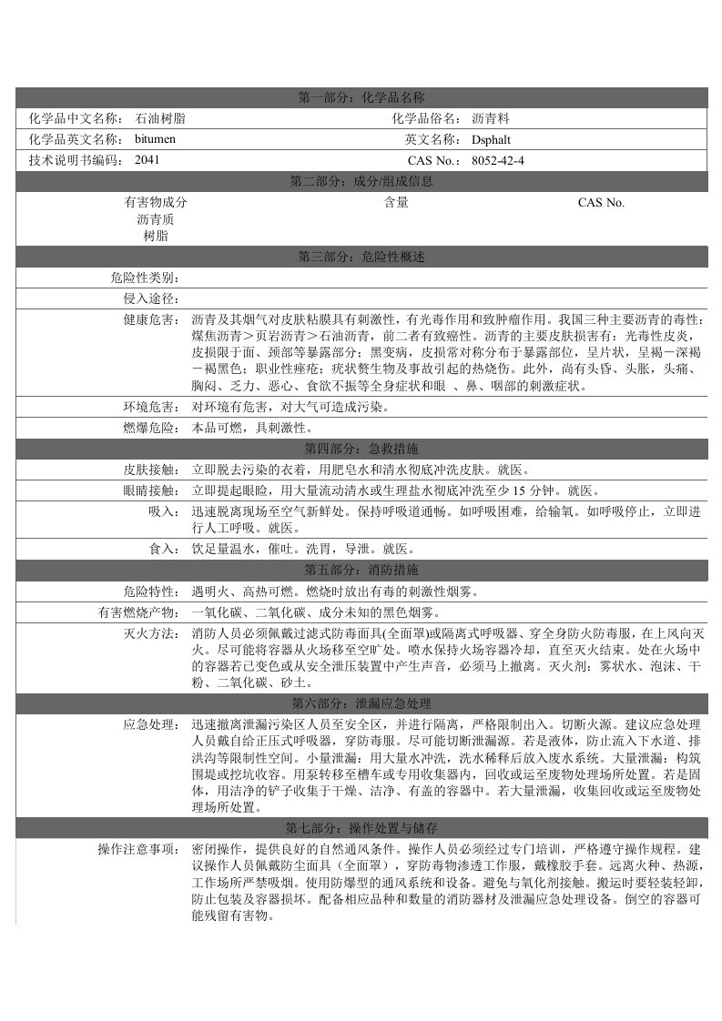 石油树脂安全技术说明书