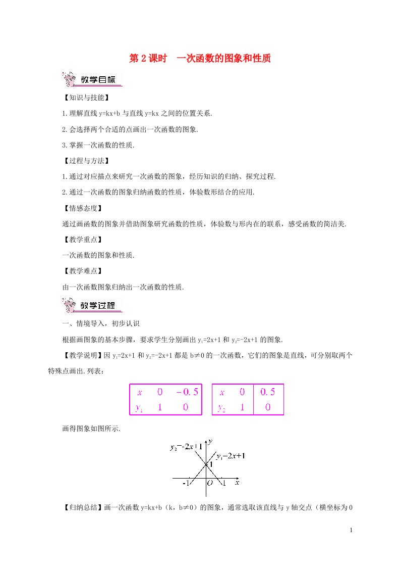 2023八年级数学下册第十九章一次函数19.2一次函数19.2.2一次函数第2课时一次函数的图象与性质教案新版新人教版