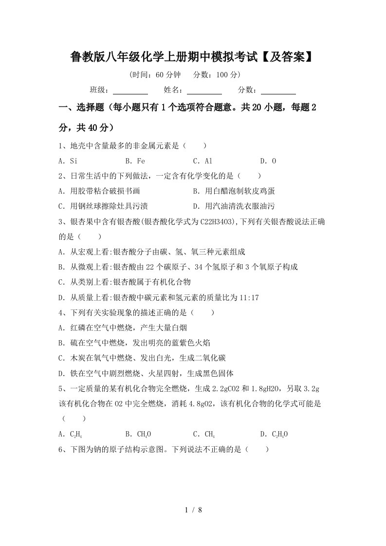 鲁教版八年级化学上册期中模拟考试及答案