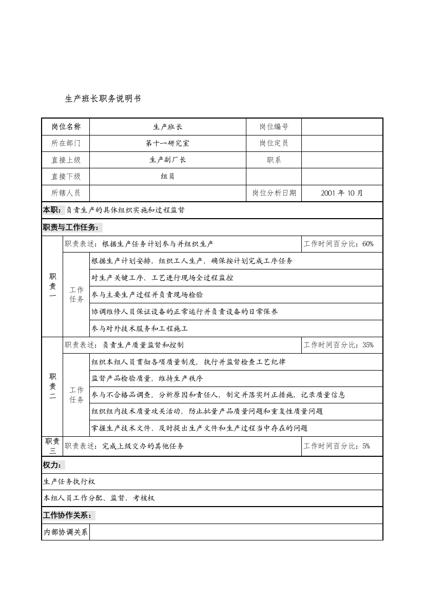 航材院第十一研究室生产班长职务说明书