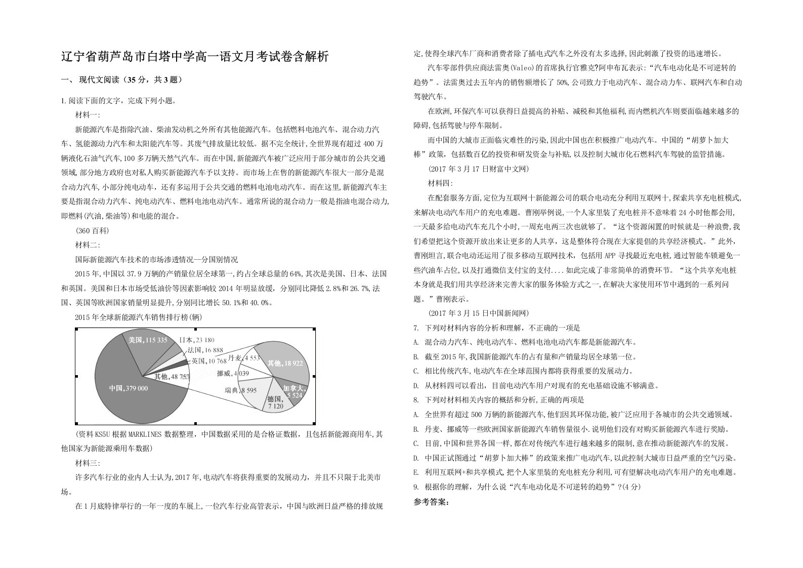 辽宁省葫芦岛市白塔中学高一语文月考试卷含解析