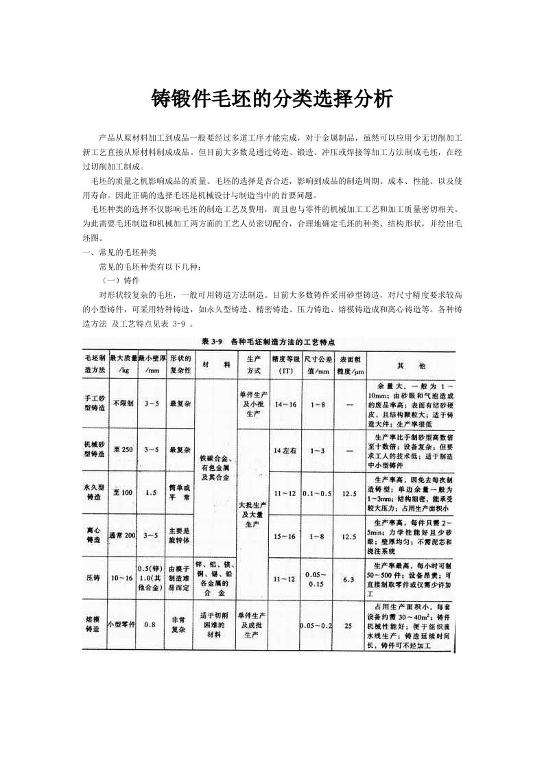 铸锻件毛坯的分类选择分析