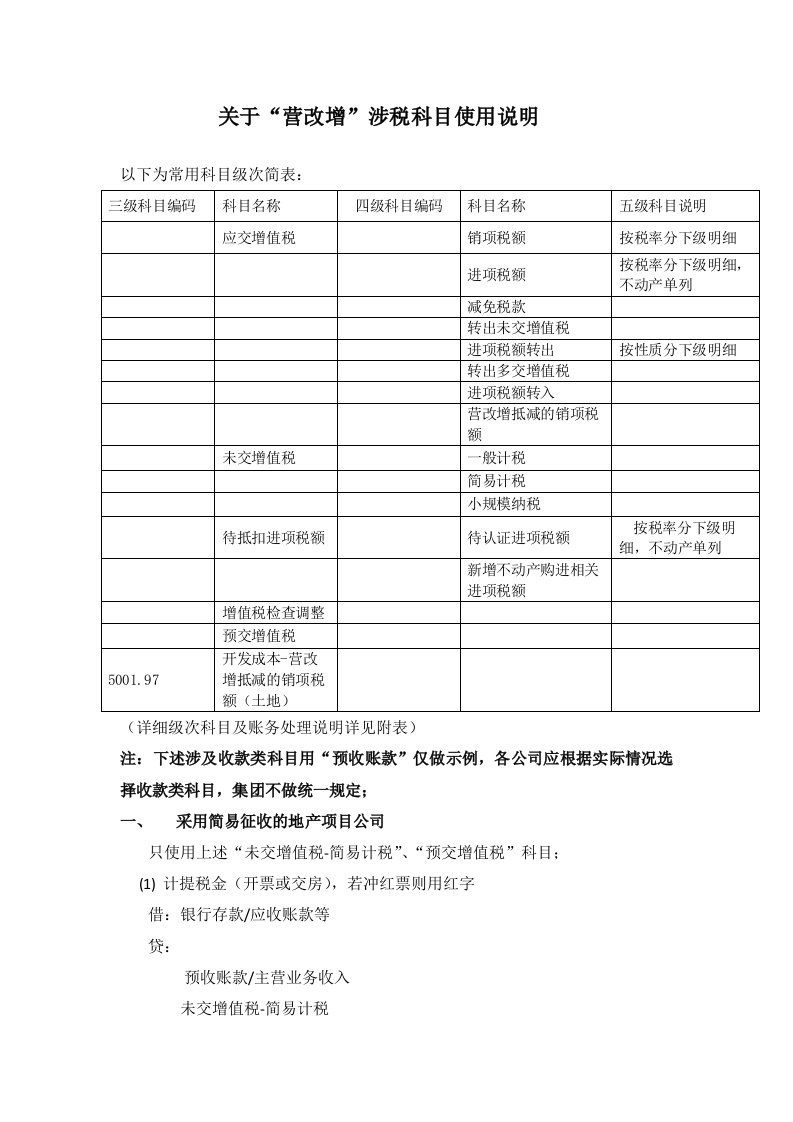 营改增涉税科目使用